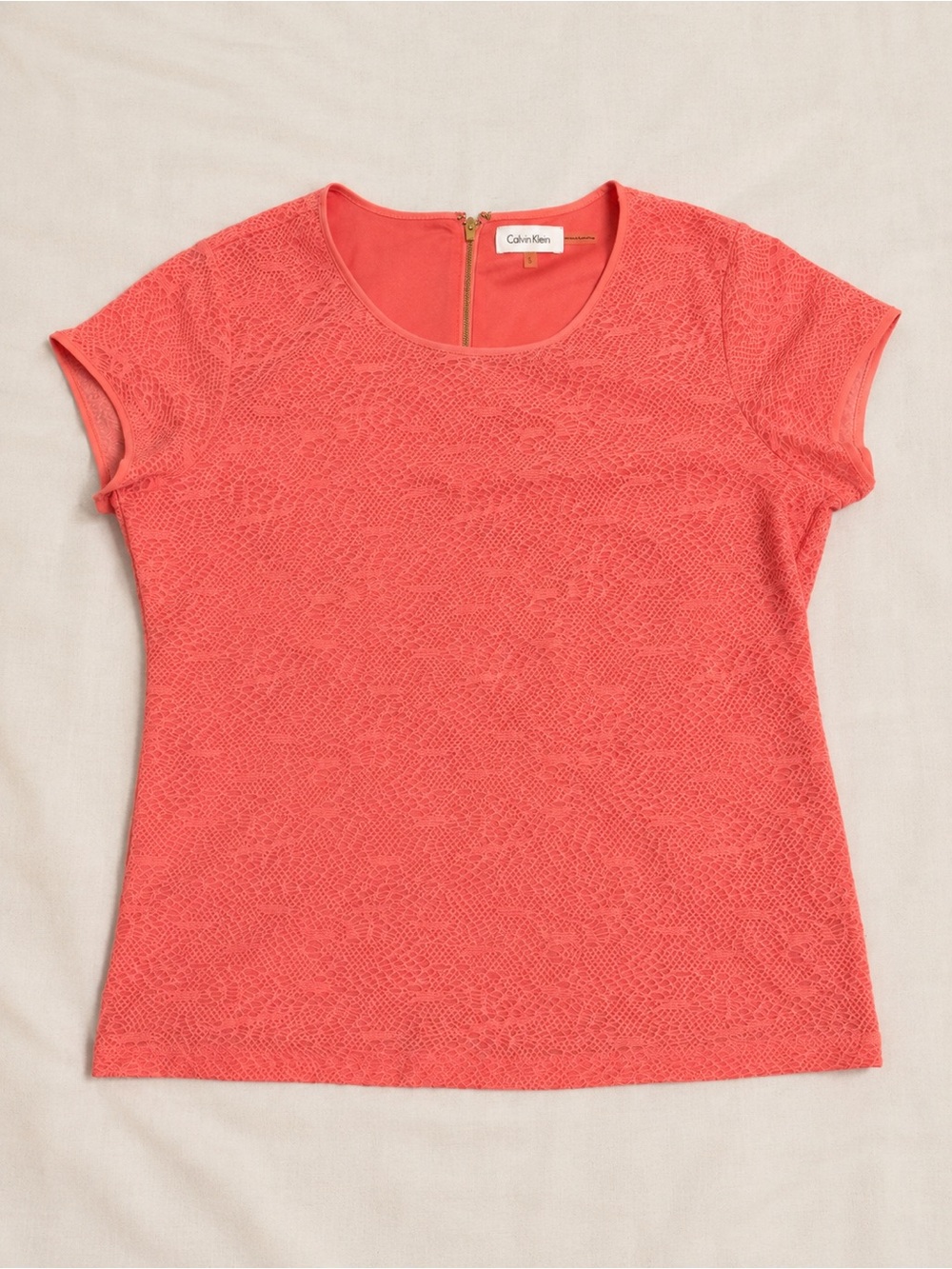 Calvin Klein Coral Pink Textured Lace Short Sleeve Blouse Top Size Large L